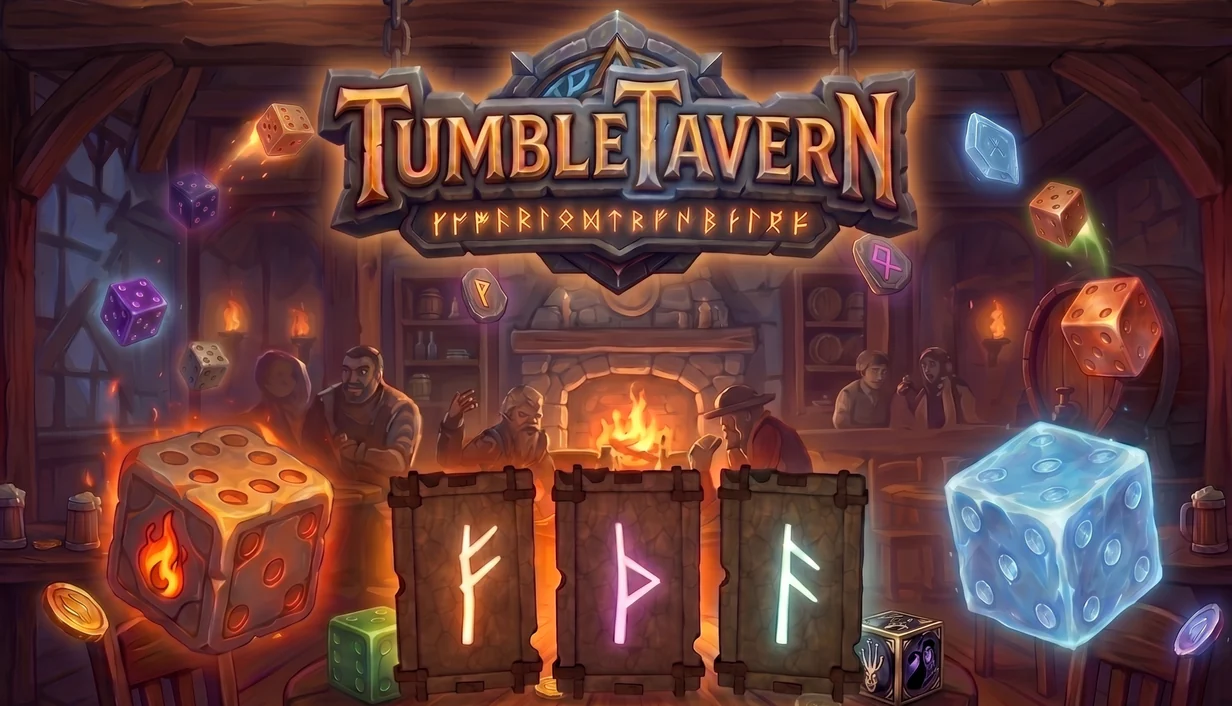 Tumble Tavern key art with magical dice and carved runestones