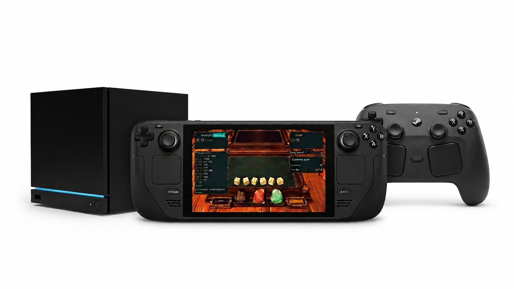 Illustrative handheld and living-room gaming hardware beside a controller, with Tumble Tavern on screen