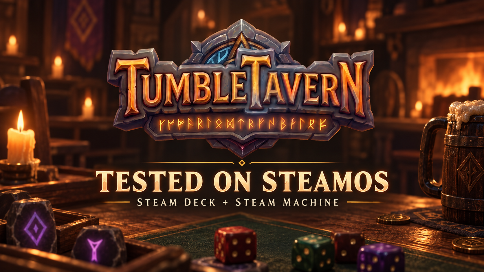 Tumble Tavern logo above glowing dice and runes with the words Tested on SteamOS
